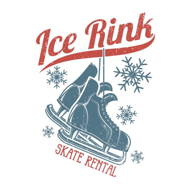 Retro skates hang on the inscription ice rink Retro skates hang on the inscription ice rink - winter emblem. Worn texture on a separate layer and can be easily disabled. ice skating stock illustrations