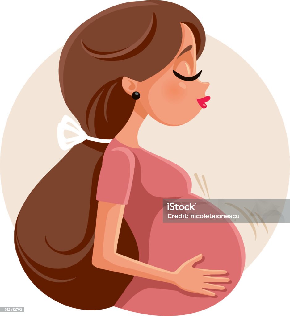 Pregnant Woman Feeling Baby Kick Vector Illustration Expecting protective young girl holding her baby bump Pregnant stock vector