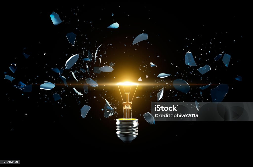 Broken light bulb on a black background Broken light bulb on a black background - 3D Rendering Light Bulb Stock Photo