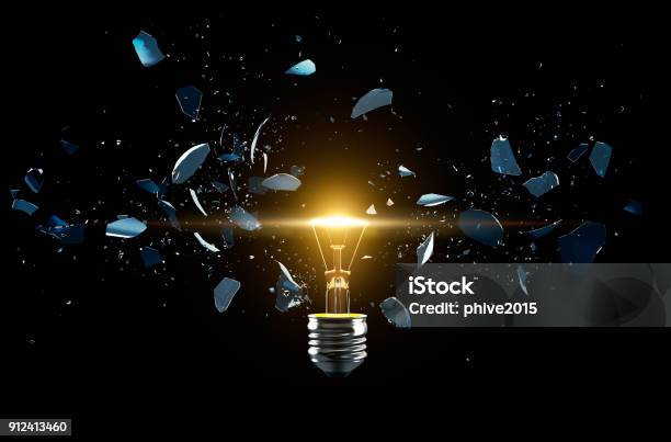 Broken Light Bulb On A Black Background Stock Photo - Download Image Now - Light Bulb, Exploding, Concepts