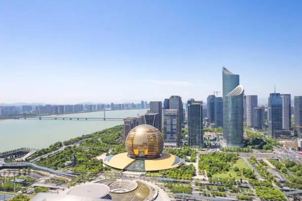 high angle view of cityscape of hangzhou qianjiang new city in blue sky