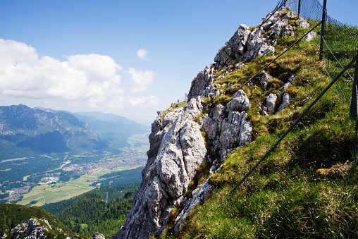 View from a hiking path to Osterfelderkopf in Wetterstein mountainrange in Bavaria on Garmisch-Partenkirchen. Germany, June 2017