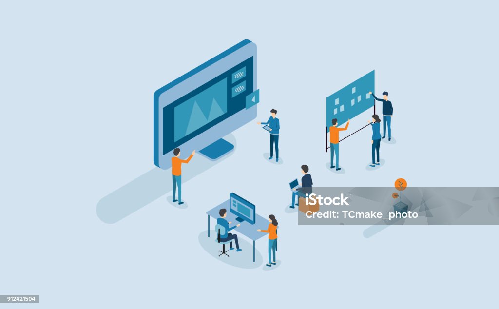 web develop and web design process with isometric flat people business team working  and project brainstorming concept This file EPS 10 format. This illustration Isometric Projection stock vector