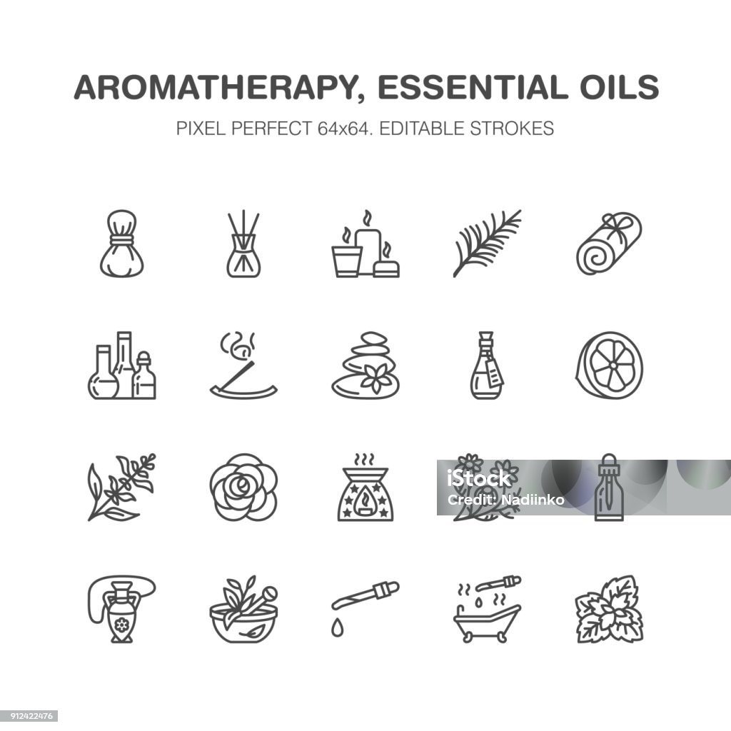 Essential oils aromatherapy vector flat line icons set. Elements - aroma therapy diffuser, oil burner, candles, incense sticks. Linear pictogram editable strokes for spa salon. Pixel perfect 64x64 Essential oils aromatherapy vector flat line icons set. Elements - aroma therapy diffuser, oil burner, candles, incense sticks. Linear pictogram editable strokes for spa salon. Pixel perfect 64x64. Icon Symbol stock vector