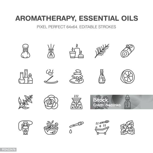 Essential Oils Aromatherapy Vector Flat Line Icons Set Elements Aroma Therapy Diffuser Oil Burner Candles Incense Sticks Linear Pictogram Editable Strokes For Spa Salon Pixel Perfect 64x64 Stock Illustration - Download Image Now