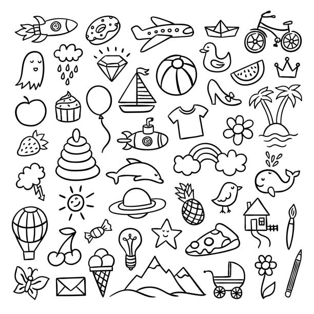 Hand drawn doodle illustrations. Cute vector drawings with different objects Hand drawn doodle illustrations. Cute vector drawings with different objects child paintbrush stock illustrations