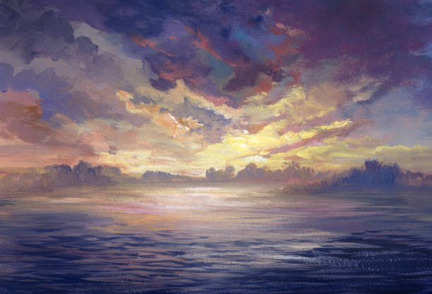 sunset near the water, acrylic painting sunset near the water, acrylic painting blue sky sunset stock illustrations