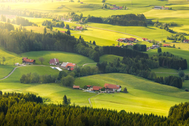 precioso paisaje rural hermoso bajo la luz solar. pasto paisaje con corrales. - bavaria allgau germany landscape fotografías e imágenes de stock