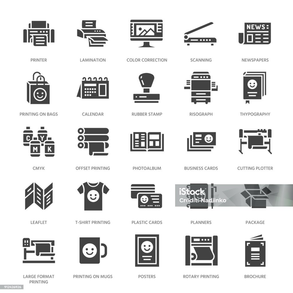 Printing house flat glyph icons. Print shop equipment - printer, scanner, offset machine, plotter, brochure, rubber stamp. Silhouette signs for polygraphy office, typography Printing house flat glyph icons. Print shop equipment - printer, scanner, offset machine, plotter, brochure, rubber stamp. Silhouette signs for polygraphy office, typography. Icon Symbol stock vector