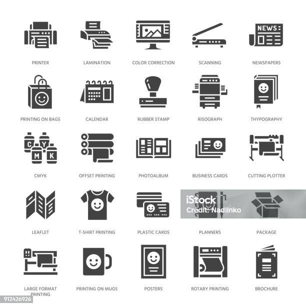 Printing House Flat Glyph Icons Print Shop Equipment Printer Scanner Offset Machine Plotter Brochure Rubber Stamp Silhouette Signs For Polygraphy Office Typography Stock Illustration - Download Image Now