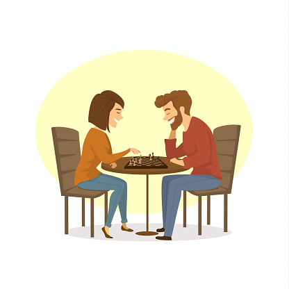 couple playing chess at home cartoon vector illustration