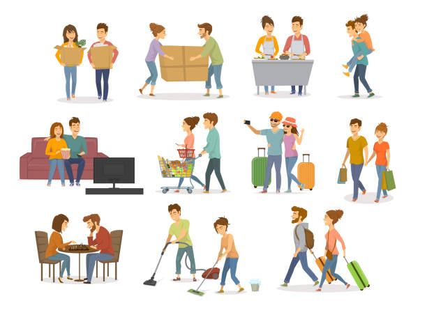 ilustrações de stock, clip art, desenhos animados e ícones de collection of cute couples activities, man and woman shopping in mall, supermarket, moving in a new home, cleaning, watching tv on sofa, travel, cooking,  playing chess, having fun vector illustration set - group of objects travel friendship women