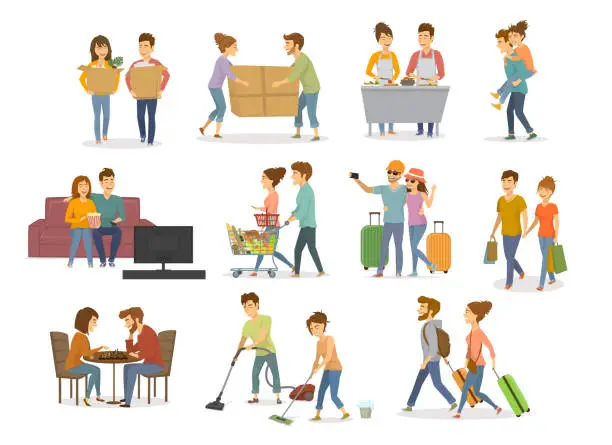 Vector illustration of collection of cute couples activities, man and woman shopping in mall, supermarket, moving in a new home, cleaning, watching tv on sofa, travel, cooking,  playing chess, having fun vector illustration set