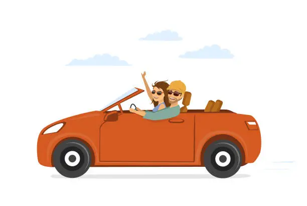 Vector illustration of happy funny couple, man and woman in love on the roadtrip drivig a car