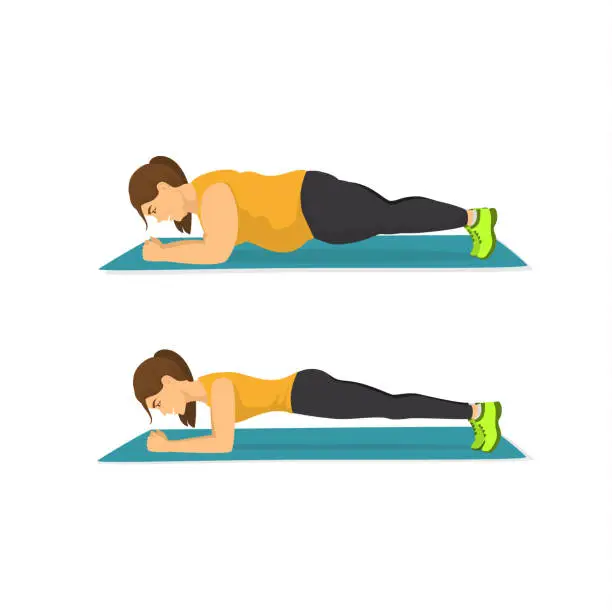 Vector illustration of fat woman training in plank position, successful weight loss concept, before and after exercising and diet body graphic
