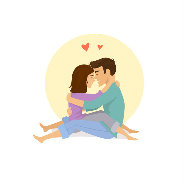 Cute Couple In Love Sitting Opposite To Each Other Hugging Stock  Illustration - Download Image Now - iStock