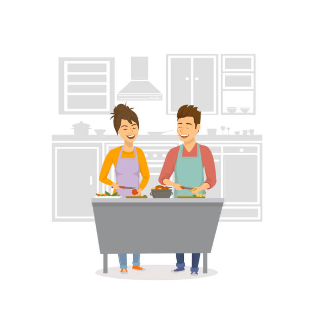 stockillustraties, clipart, cartoons en iconen met vrolijke paar koken diner, prepearing voedsel samen thuis - thuisbereiding