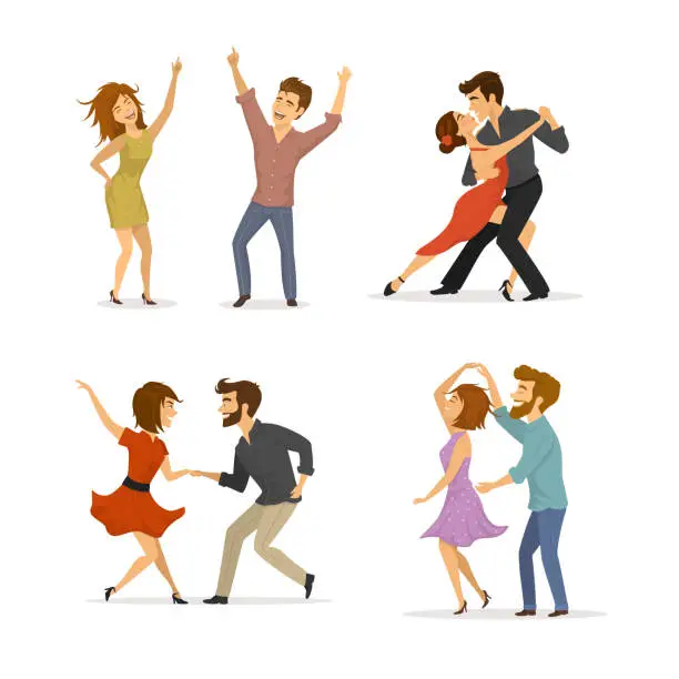 Vector illustration of collection of couples dancing tango, twist, disco clubbing and romantic dance