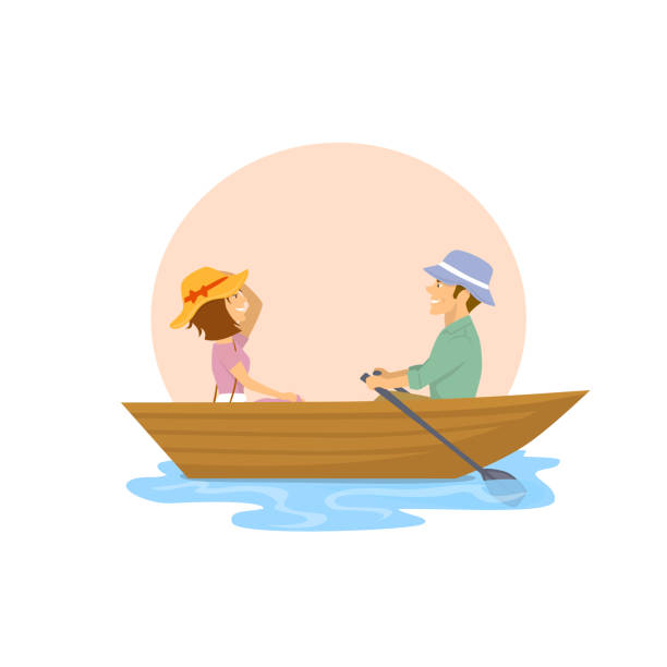 ilustraciones, imágenes clip art, dibujos animados e iconos de stock de alegre linda pareja con un romántico viaje en un bote de remos - rowboat nautical vessel men cartoon