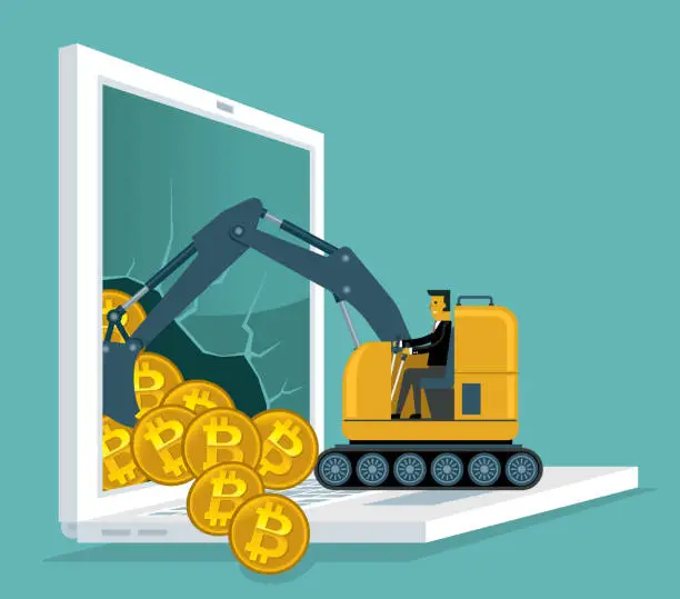 Vector illustration of Bitcoin mining - Using Bulldozer