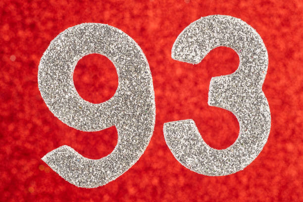 istock Number ninety-three silver color over a red background. Anniversary. 912438022