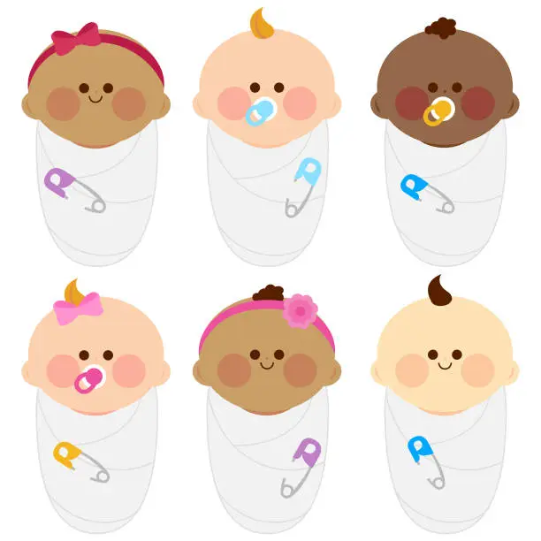 Vector illustration of Diverse group of newborn babies wrapped in cloth