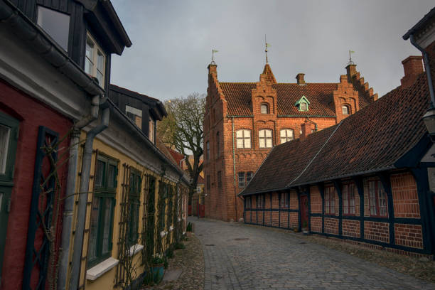 Old town Ribe in Denmark Cobblestone street with old houses from royal town Ribe in Denmark ribe town photos stock pictures, royalty-free photos & images