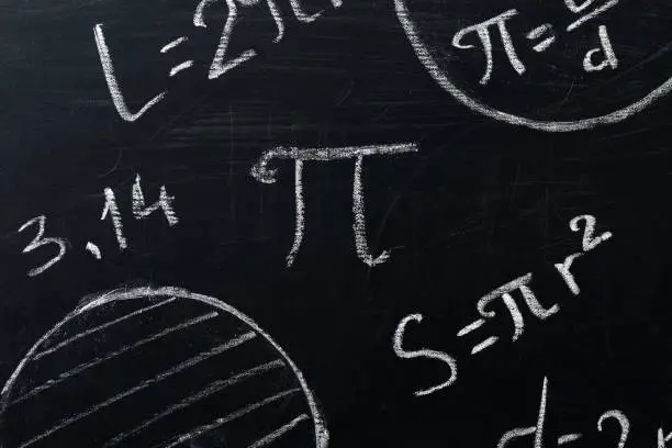 Photo of PI day concept. Drawings of circles and formulas with PI