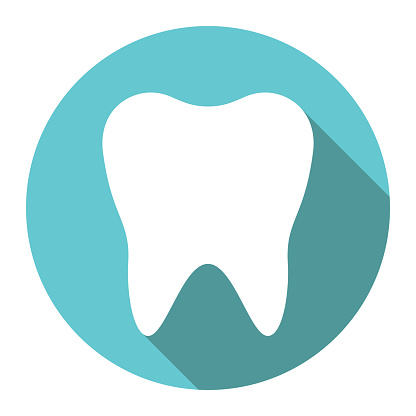 White tooth in circle with long drop shadow on turquoise blue background. Dental care, health and hygiene concept. Flat design icon. Vector illustration, no transparency, no gradients