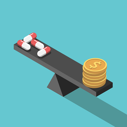 Isometric medical pills and dollar coins on weight scales on turquoise blue background. Medicine, money, price and health concept. Flat design. Vector illustration, no transparency, no gradients