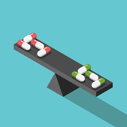 Isometric red and green medical pills on seesaw weight scales on turquoise blue. Medicine, price, comparison, choice and health concept. Flat design. Vector illustration, no transparency, no gradients