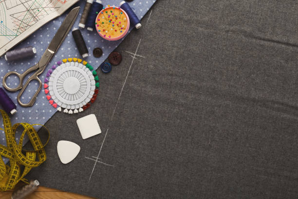 istock Workspace of fashion designer, top view 912442790