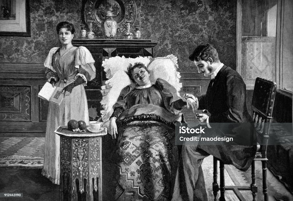 Doctor examines the patient's state of health during home visits - 1896 Doctor stock illustration