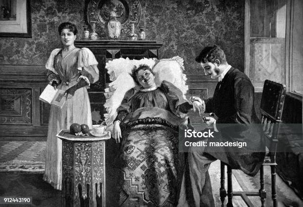 Doctor Examines The Patients State Of Health During Home Visits 1896 Stock Illustration - Download Image Now