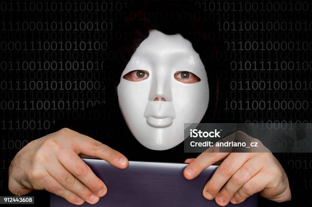 Portrait Of Anonymous Man With White Mask Isolated On Black Stock Photo - Download Image Now