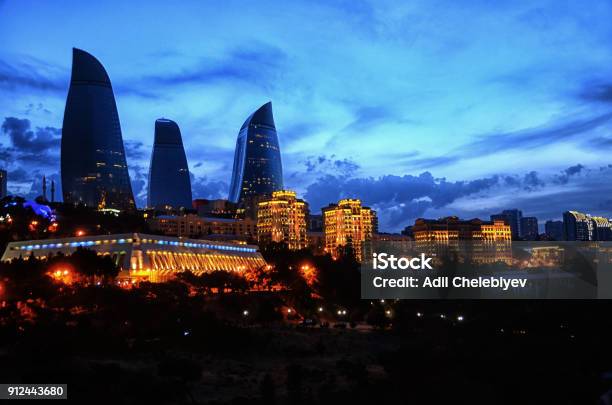 Famous And Beautiful Evening View Of Skyscrapers Baku City International Business Center Flame Towers At Evening Baku Azerbaijan View To Flame Towers Landmark Of Baku Azerbaijan Stock Photo - Download Image Now