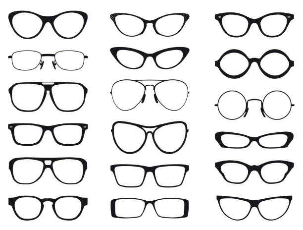 ilustrações de stock, clip art, desenhos animados e ícones de collection of fashion glasses in black and white silhouette, vector - eyesight optical instrument glasses retro revival