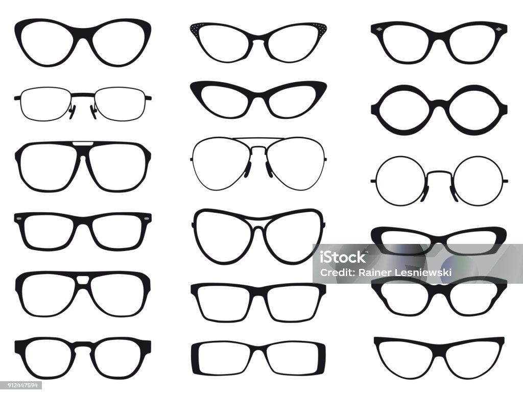 Collection of fashion glasses in black and white silhouette, vector Collection of fashion glasses in black and white silhouette, vector. Eyeglasses stock vector