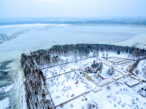 Kaunas, Lithuania: Pazaislis Monastery and Church, located on a peninsula in Kaunas Reservoir, in winter