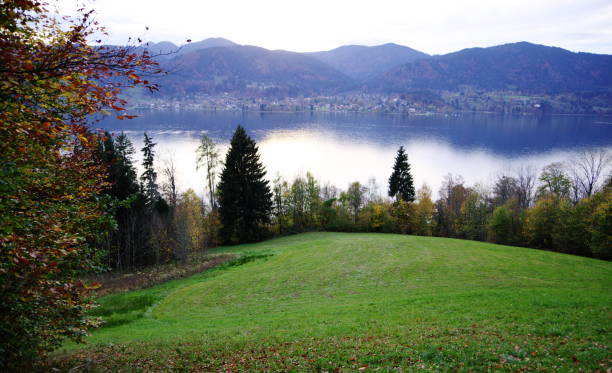 widok ze wzgórza na jezioro i góry - tegernsee lake tegernsee lake mountain zdjęcia i obrazy z banku zdjęć
