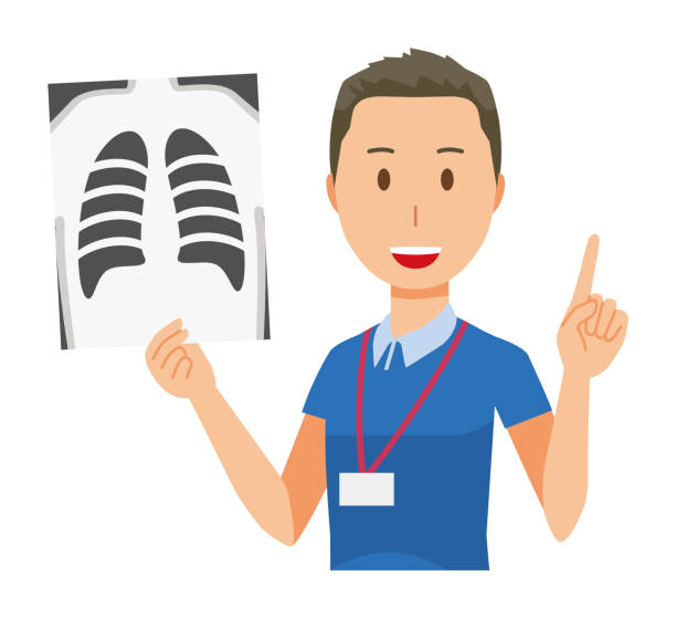 ilustrações de stock, clip art, desenhos animados e ícones de a male staff wearing nameplate has an x-ray picture - upper body - human upper body xray