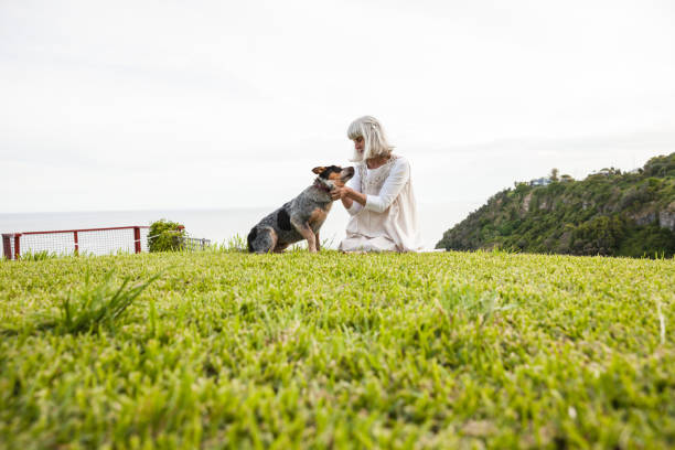 istock Elderly woman playing in the backyard with her dog 912457160