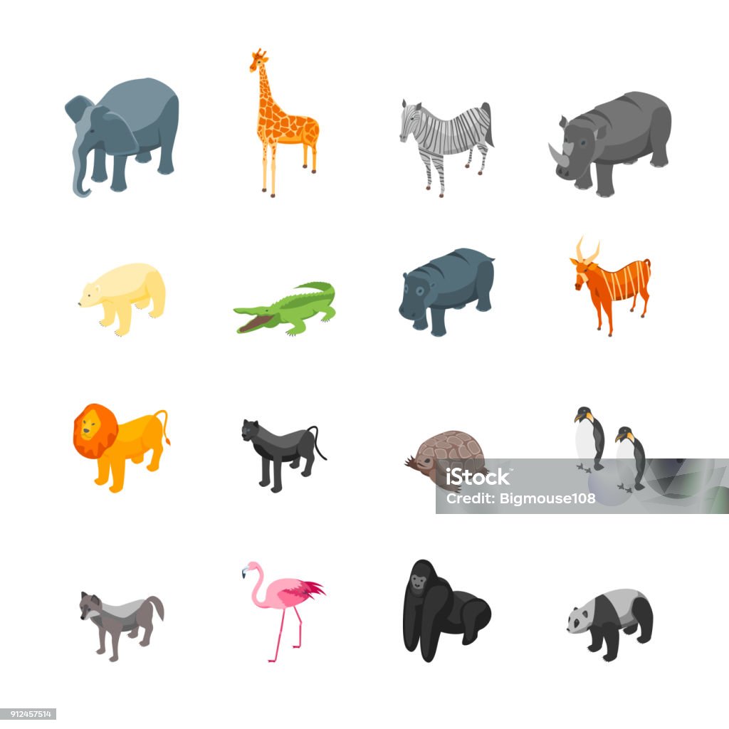 Wild Animals Icons Set Isometric View. Vector Wild Animals Icons Set Isometric View Include of Giraffe, Lion, Elephant,Hippo,Monkey, Bear and Crocodile. Vector illustration of Animal Isometric Projection stock vector