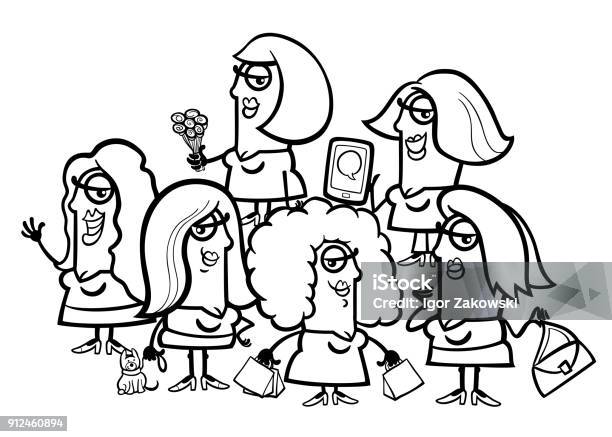 Woman Cartoon Characters Group Color Book Stock Illustration - Download Image Now - Adult, Animal, Arranging