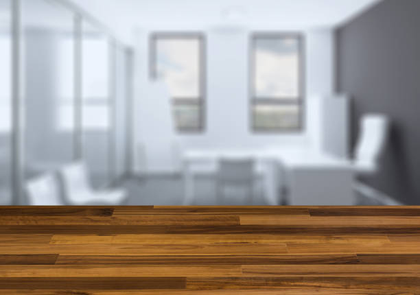 istock Background with empty wooden table. Flooring. Modern office Cabinet. Meeting room. 912462032