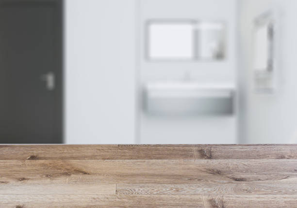 istock Background with empty wooden table. Flooring. Modern bathroom 912462062
