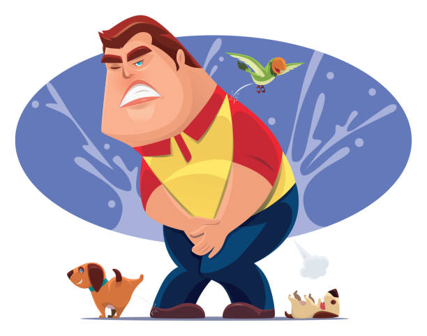 man with urine urgency problem vector illustration of fat man with urine urgency problem dog splashing stock illustrations
