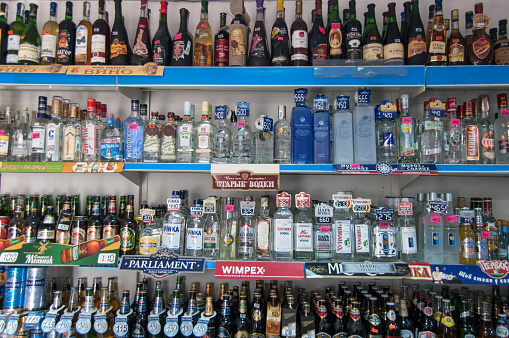 A lot of Vodka bottles for sale in Almaty City.