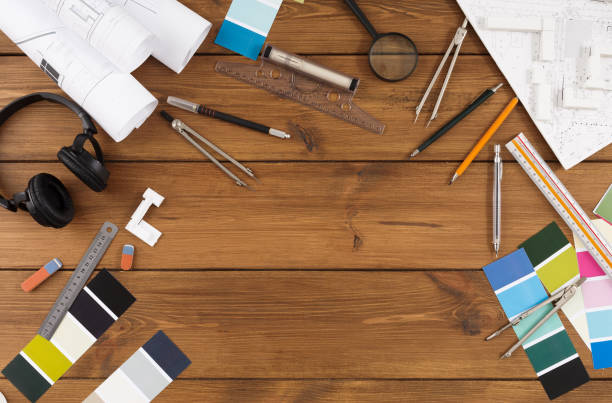 istock Decorator workplace with color swatches and tools 912482790