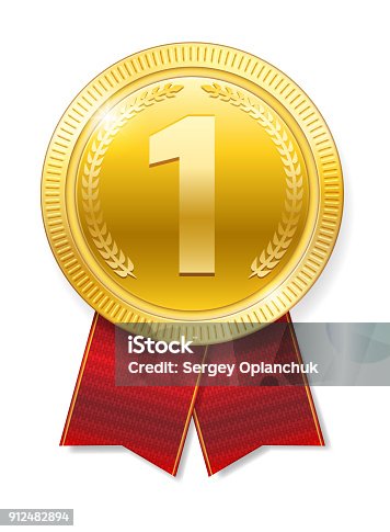 istock Realistic Gold medal with red ribbons for Winner isolated. Honor prize. Vector illustration 912482894